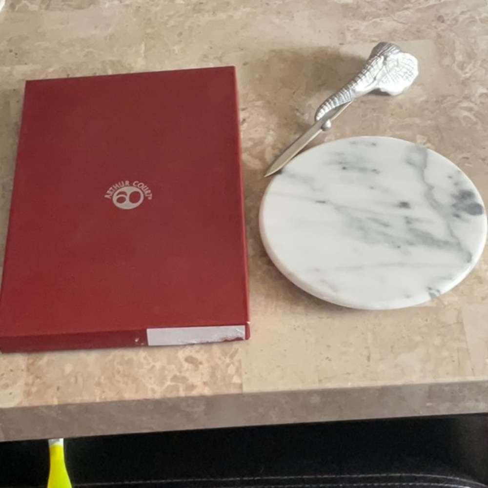 Arthur Court White Marble Cheese Board with Silver Knife